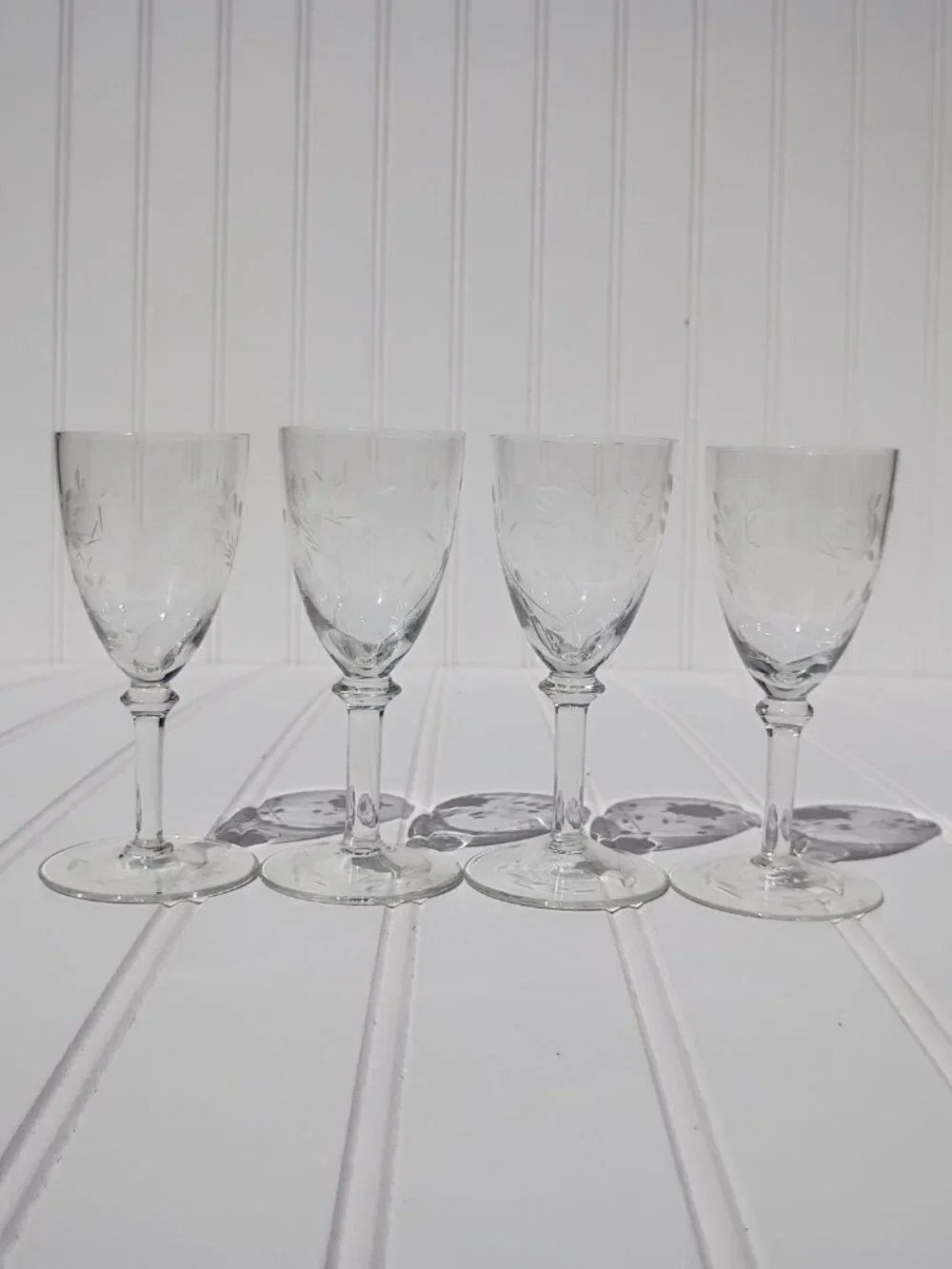 Vintage Frosted Rose Etched Miniature Wine Cordial Glasses Small Barware 4pc
